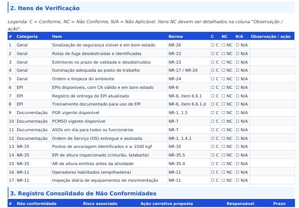 Prévia do exemplo de Checklist